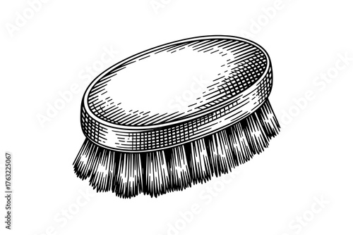 Detailed black and white illustration of a round brush with visible bristles and an oval wooden handle