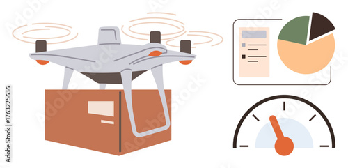 Delivery quadcopter transports a box, accompanied by pie chart, document, and performance gauge. Ideal for logistics, shipping, technology, innovation, analytics e-commerce and progress concepts