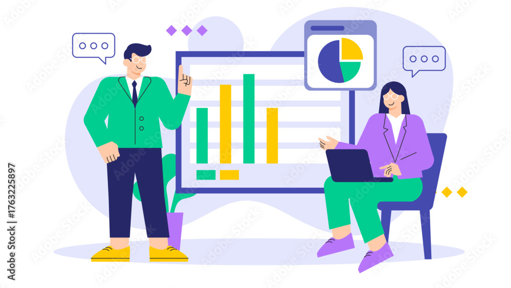 Obraz premium Business People Analyzing Data and Charts Flat Vector Illustration