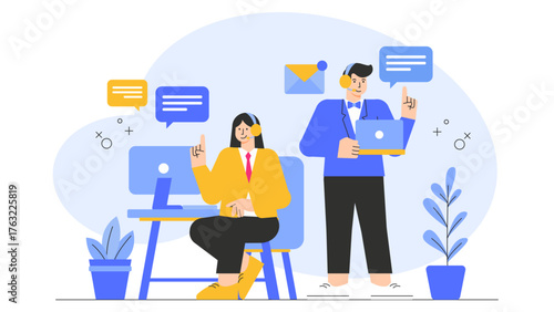 Customer Service and Support Team Concept Flat Vector Illustration