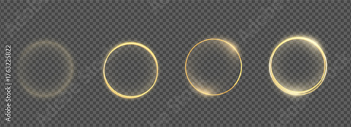 Glowing soft circles frames set. Golden halo rings collection. Light magic orbs. Gold glimmer line borders. Abstract yellow round metallic spheres. Vector illustration on transparent background.