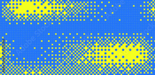 Abstract trendy rebellion halftone vibrant blue and yellow background.. Bright dots pattern horizontal banner. Vector abstract game half tone illustration.