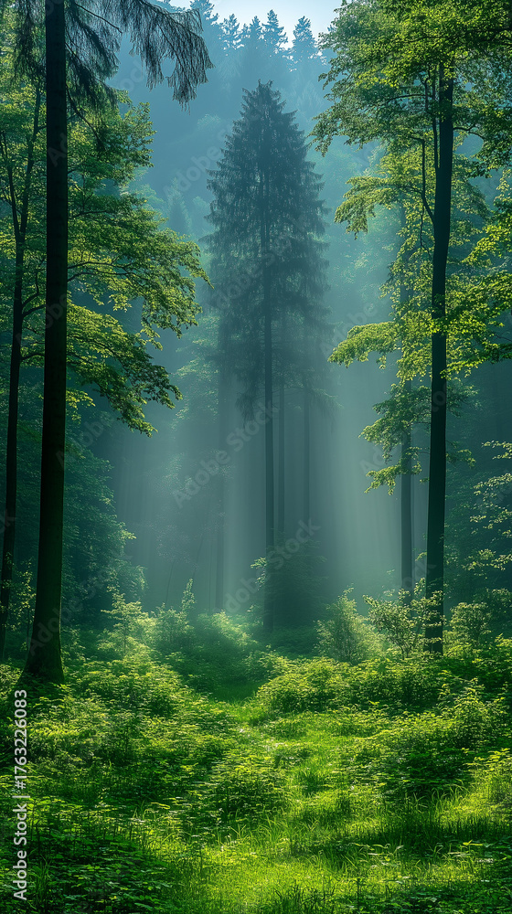 Obraz premium Golden sunlight shines through the mystical mist in a lush green forest, illuminating the tall trees and vibrant woodland floor.