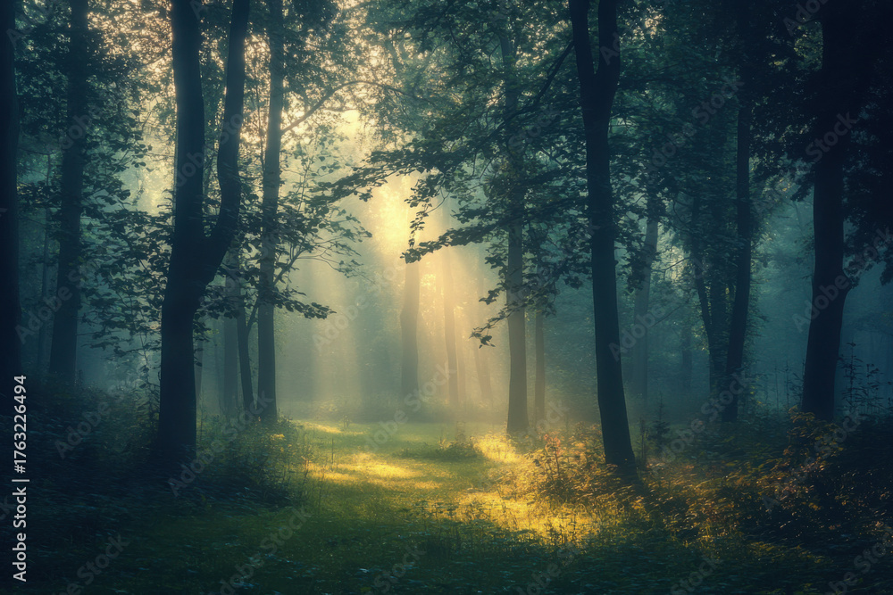 Obraz premium Illuminating forest pathway enchanted woods nature photography serene environment captivating viewpoint