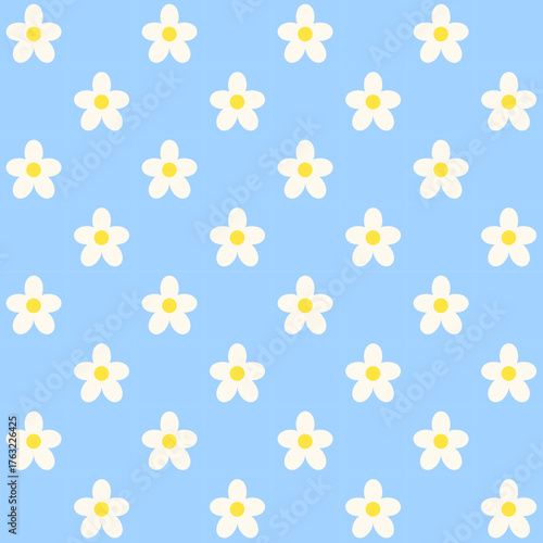 Cute white flowers seamless pattern.White daisies on blue background wallpaper design.Floral print.Daisy flowers pattern.Texture for fabric, cloth or wrapping paper.Graphic design.Vector illustration.