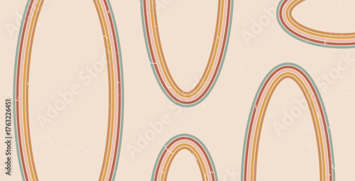 Boho rainbow oval stripe lines textured background. Horizontal banner with rounded stripes abstract pattern. Vector vintage circular underline geometric backdrop. Dynamic ellipse groovy wallpaper.