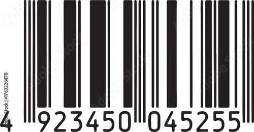 Black and white UPC barcode with numbers 4 923450045255 product code scanning on transparent background
