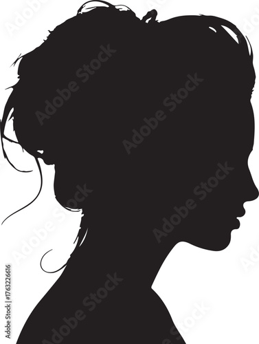 Black silhouette of a woman's head and shoulders with her hair styled up on a white background female on transparent background
