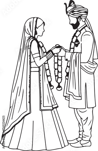 Line drawing of an Indian bride and groom exchanging garlands during a wedding ceremony on a white background on transparent background