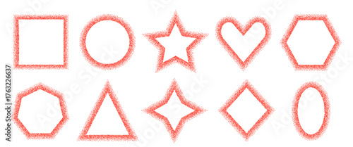 Chili pepper geometric thin frames set. Grainy textured sweet paprika borders in circle, heart, star shape. Masala red powder text boxes isolated on white background. Vector graffiti illustration.
