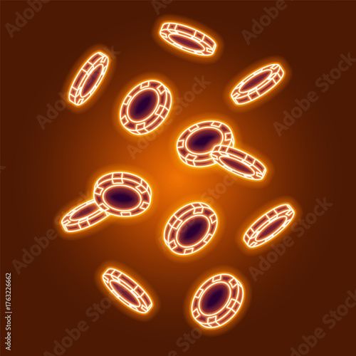 Neon poker chips on dark background. Bright glowing chips for casino and poker. Vector illustration.