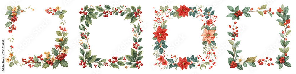 Fototapeta premium Charming, decorative floral frames displaying vibrant colors with holly, poinsettias, and seasonal foliage, ideal for festive graphics and holiday-themed designs