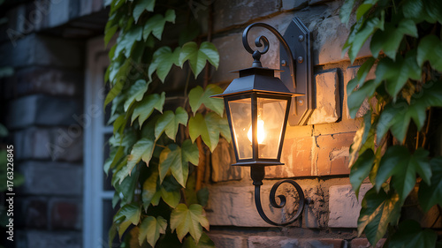 Warm glowing lantern illuminates a brick wall covered in lush green ivy at dusk.