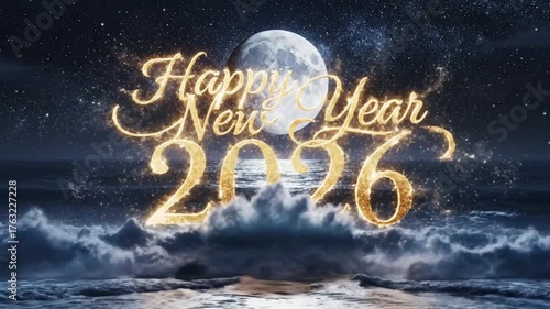 Colorful gradient smoke and neon lights forming the text “Happy New Year 2026”, abstract motion art, energetic mood, 4k digital painting
