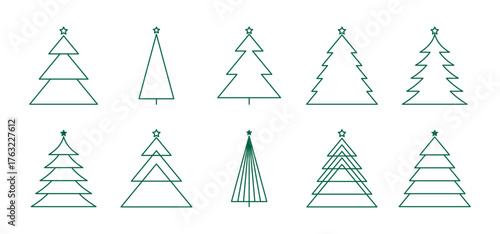 A set of Christmas trees. A New Year's graphic holiday element. Line drawing for decoration, design, poster, postcard. The icon is isolated on a white background, vector illustration