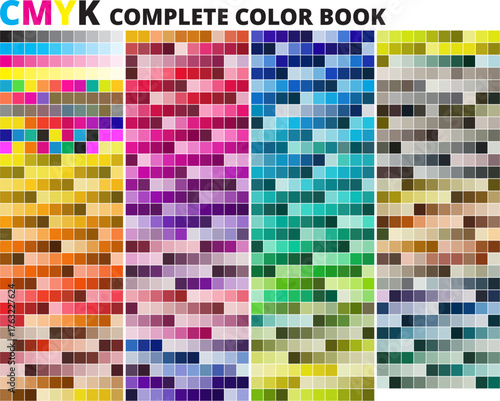 CMYK Complete Color Book. Color Chart. Print Test Page. Color Numbers or Names. CMYK, Pantone, HEX HTML codes. Vector color palette - 02.eps