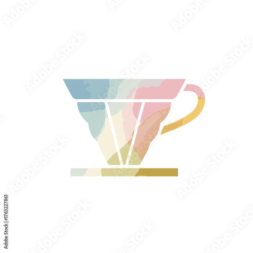 Flat vector style illustration of a coffee dripper. Pour over coffee brewing icon with a watercolor texture. Artistic cafe logo symbol isolated on a transparent background