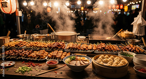 A vibrant street food stall at night featuring skewers ramen and dumplings under glowing lights and steam