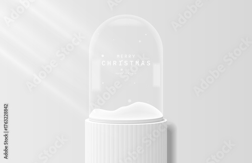 White 3D cylinder podium pedestal realistic under transparent arch glass shape snow globe, snowdrift. Design for promote product on Christmas day and Happy New Year