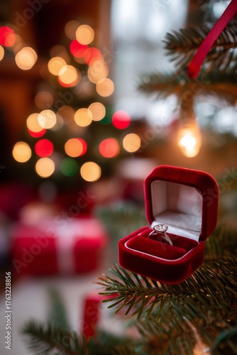 A diamond ring in a red box sits on a Christmas tree branch with warm lights in the background.