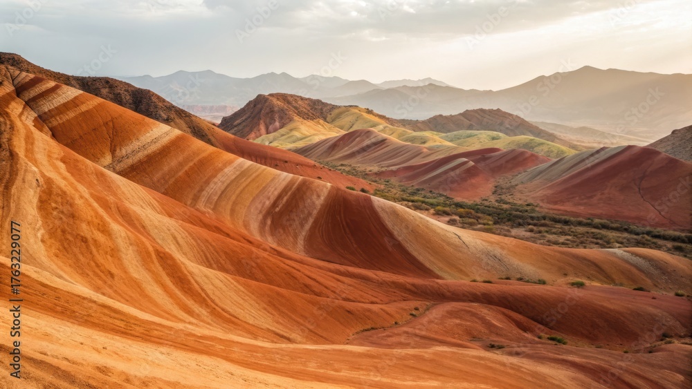 Fototapeta premium Vibrant, multicolored mountain landscape with sweeping curves and textured earth formations.