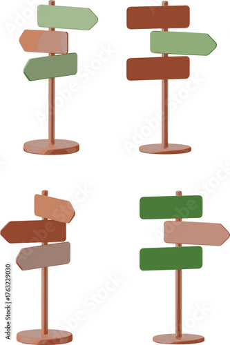 Colorful directional signposts with north south east west arrows, isolated on white background, travel concept, navigation guide, road direction signage illustration