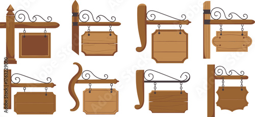 Set of eight vintage wooden hanging signboards with decorative iron brackets, vector illustration of rustic signage templates for shop and cafe design