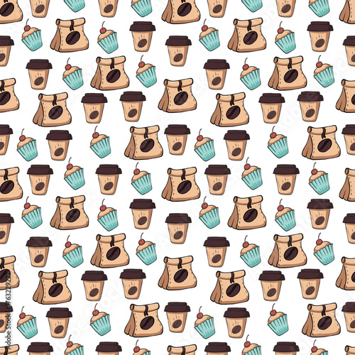 Pattern with brown coffee bags and coffee cups