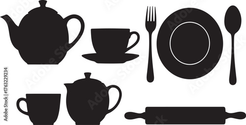 Black Silhouettes of Teapots Cups Plate Fork Spoon and Rolling Pin saucer