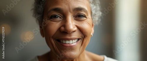 Close up of wrinkled face of old woman laughing happily