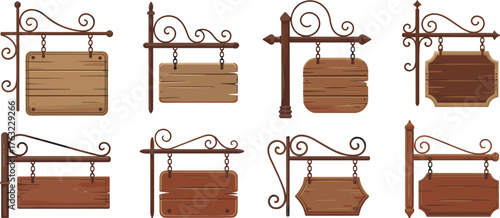 Set of eight vintage wooden hanging signboards with decorative iron brackets, vector illustration of rustic signage templates for shop and cafe design