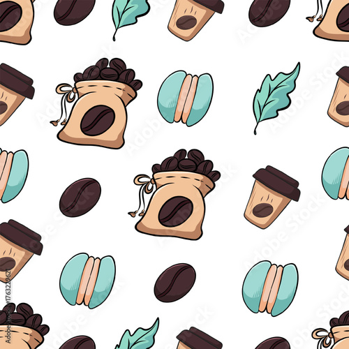 Pattern with coffee cups, macarons, and mint leaves