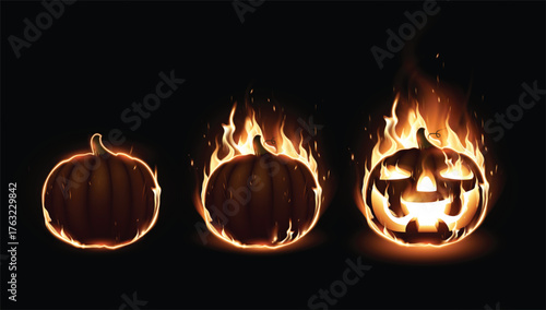 Set of three halloween burning pumpkin on a black background. High detailed realistic illustration.