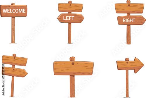 Set of six cartoon wooden signboards with welcome entrance exit forest lake and campground text, vector illustration, outdoor navigation design