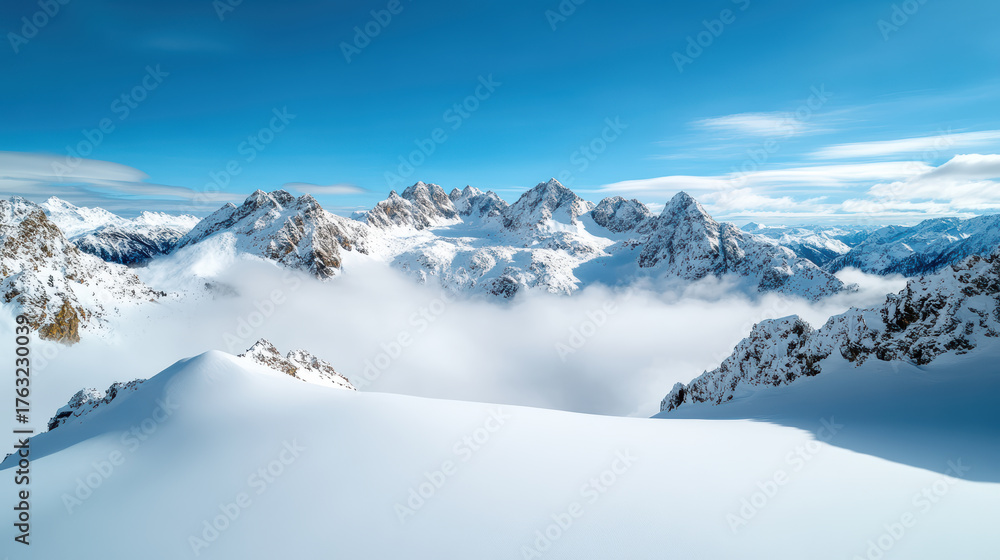 Obraz premium Majestic snow covered mountains rise above sea of mist, creating serene and cinematic landscape