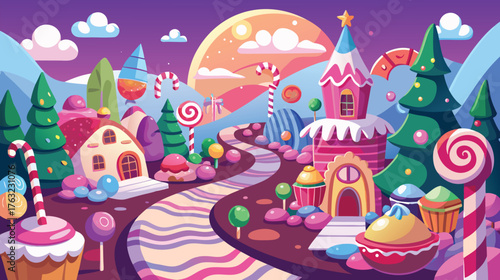 A whimsical candy land landscape with houses, trees, and sweets under a pastel sunset sky view image