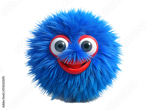 Adorable blue fluffy monster with big eyes and a red smile isolated on transparent background, a cute character