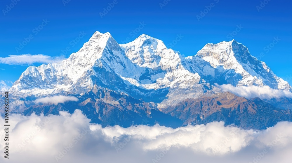 Obraz premium Majestic Snow-Capped Mountains Under Clear Blue Sky with Fluffy Clouds Below in Scenic Landscape