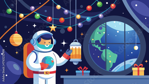 Astronaut celebrating christmas in space with earth view and christmas lights decoration around him