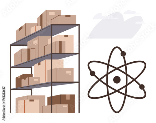 Storage shelves filled with cardboard boxes beside atomic orbital diagram. Ideal for science, logistics, inventory, education, research, organization, warehouse management. Simple flat metaphor