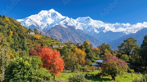 Scenic Himalayan Landscape Featuring Snow-Capped Peaks, Colorful Trees, and Charming Villages in Daylight