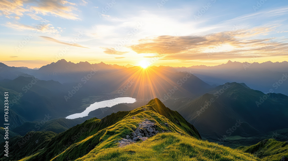 Obraz premium Majestic sunrise over serene mountain landscape with vibrant colors and calm lake
