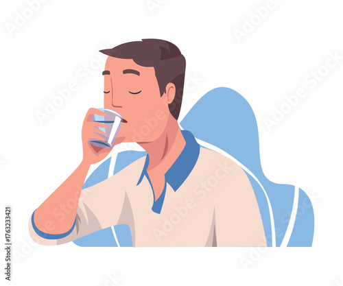 Man Drinking Water Hydrate and Quench Thirst Vector Illustration