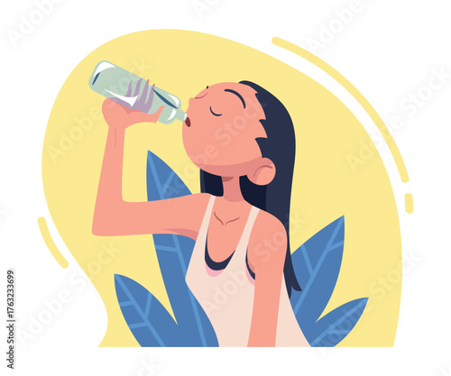 Woman Drinking Water Hydrate and Quench Thirst Vector Illustration