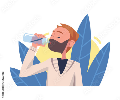 Man Drinking Water Hydrate and Quench Thirst Vector Illustration