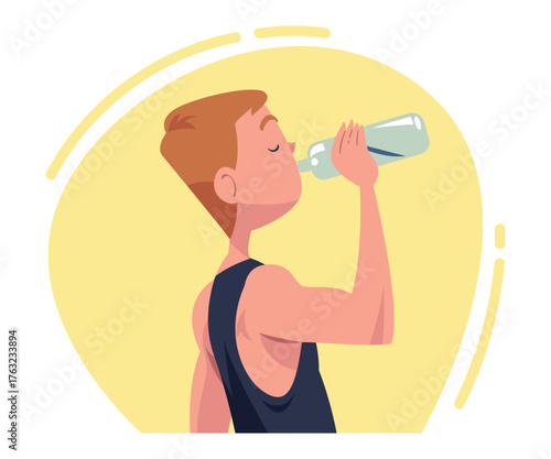 Man Drinking Water Hydrate and Quench Thirst Vector Illustration