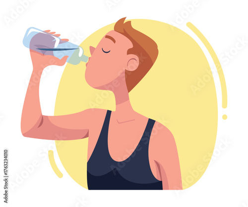 Man Drinking Water Hydrate and Quench Thirst Vector Illustration