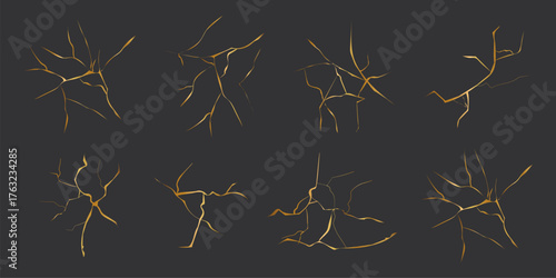 Golden cracks effect in japanese kintsugi on black background. Luxury marble stone. Broken porcelain gold fissures. Marble texture. Luxury design for wall art, wallpaper, wedding card, social media.