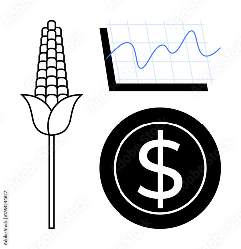 Corn stalk, line graph showing growth trends, and circle with dollar sign. Ideal for economics, agriculture, finance, marketing, investment sustainability market trends. Simple flat metaphor