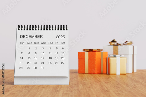 White Desk Monthly December 2025 Business Calendar Near Gift Boxes. 3d Rendering